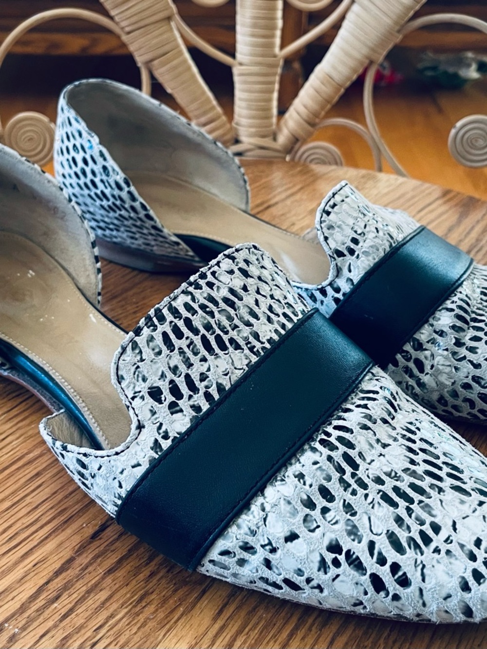 Poppy Barley White Croc-Textured D'Orsay Flats with Black Band